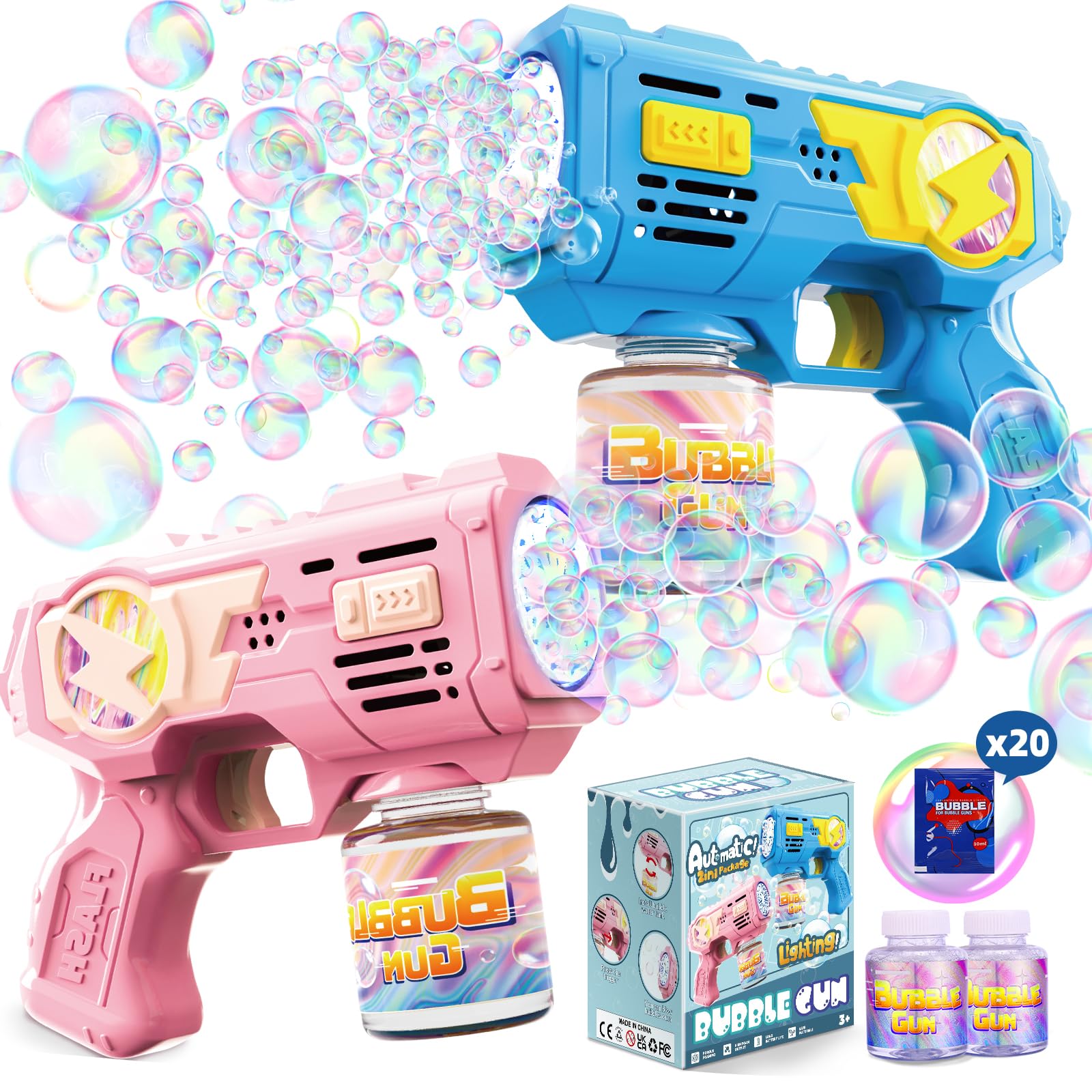 Bubble Gun Toys for 3+ Year Old Kids Boys Girls, LED 2 Pack Automatic Bubble Machine with Bubble Solution, Summer Outdoor Kids Toys for Ages 3-4,4-6,5-7, Birthday Party Gifts for 3 4 5 6 7 8 Year Old