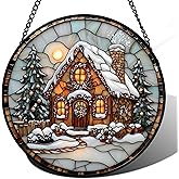 AMDERVEN Stained Glass Window Hanging - Christmas Tree Cottage Sun Catcher for Door Garden Home Winter Decor Snowy Night Suncatcher Mother's Day Birthday Gifts for Women Men Mom Nana 7.8 in