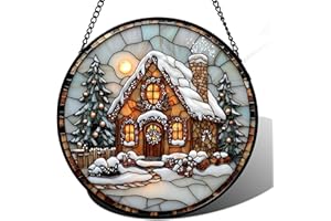 AMDERVEN Stained Glass Window Hanging - Christmas Tree Cottage Sun Catcher for Door Garden Home Winter Decor Snowy Night Suncatcher Mother's Day Birthday Gifts for Women Men Mom Nana 7.8 in
