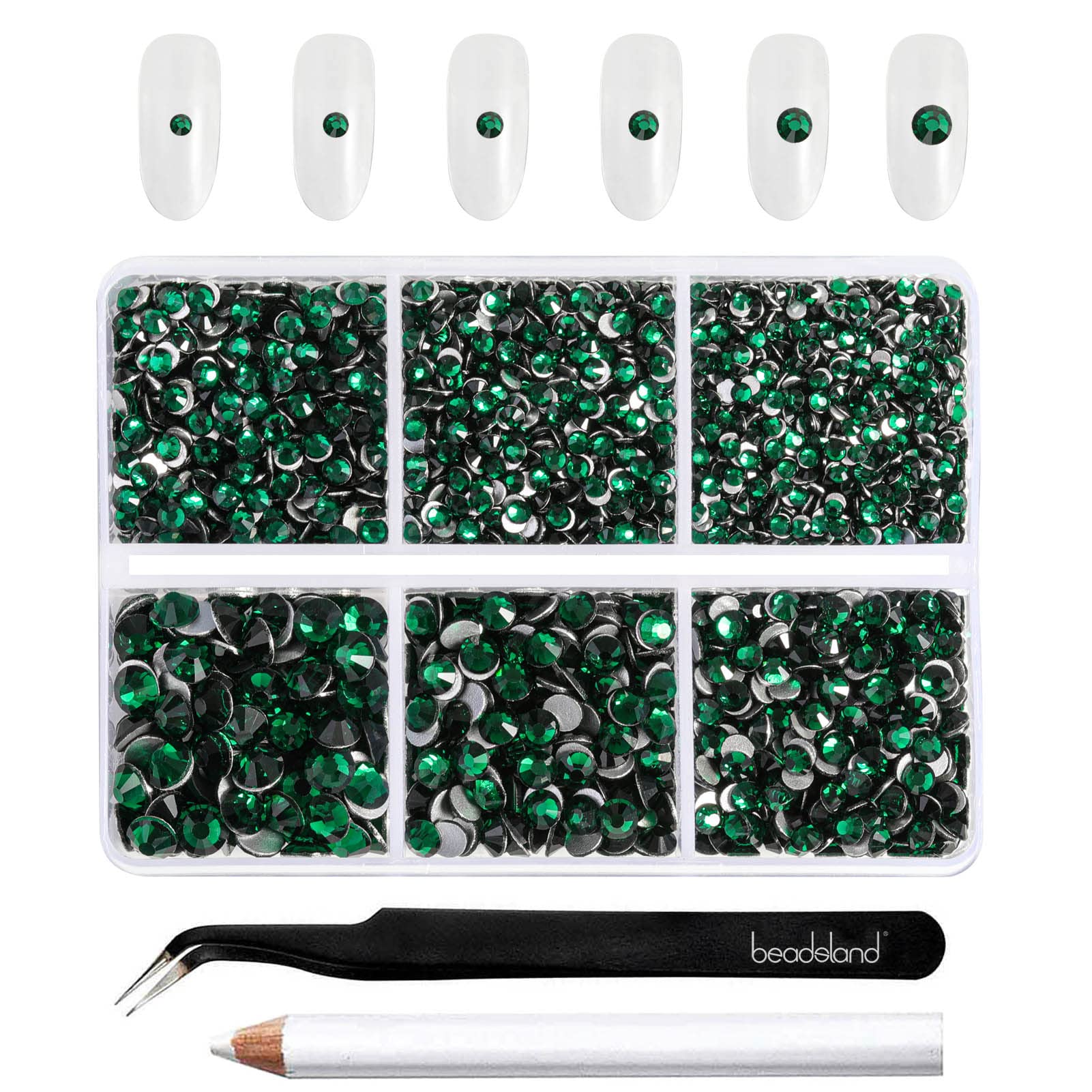Beadsland 4300pcs Flatback Green Nail Gems Round Crystal Rhinestones for Crafts, Mixed 6 Sizes with Picking Tweezers and Wax Pencil Kit, SS6-SS20, Emerald