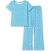 Beezizac Girls Pointelle Knit Lettuce Trim Pajama-Cute Floral/Cherry/Bow Tee & Flared Wide-Leg Pants 2-pc PJs Sizes 6-18
