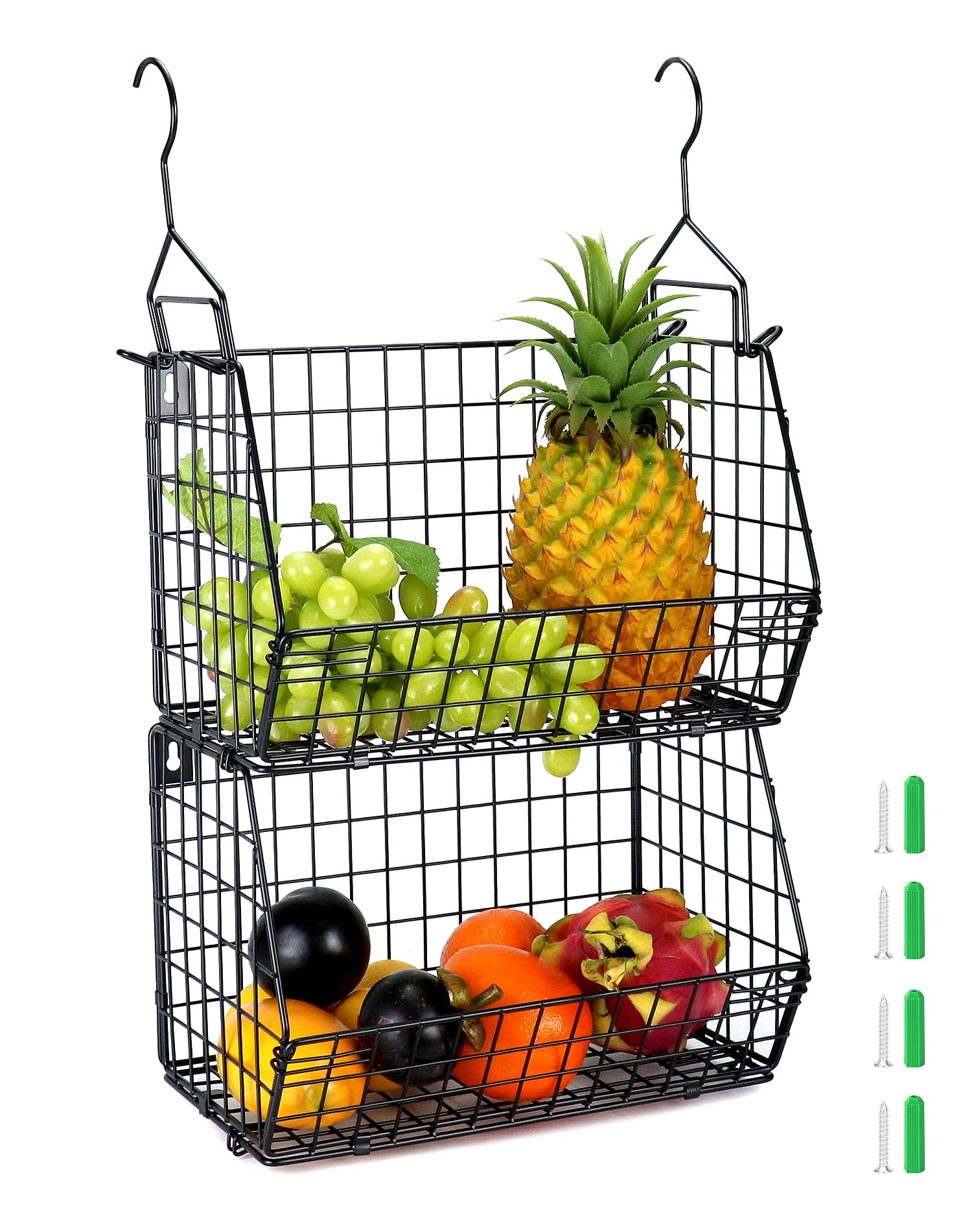 QWORK® 2 Tier Shelf Hanging Storage Basket, Metal Hanging Storage Organizer, Foldable Stackable Storage Shelves, For Kitchen, Wardrobe, And Home Organization