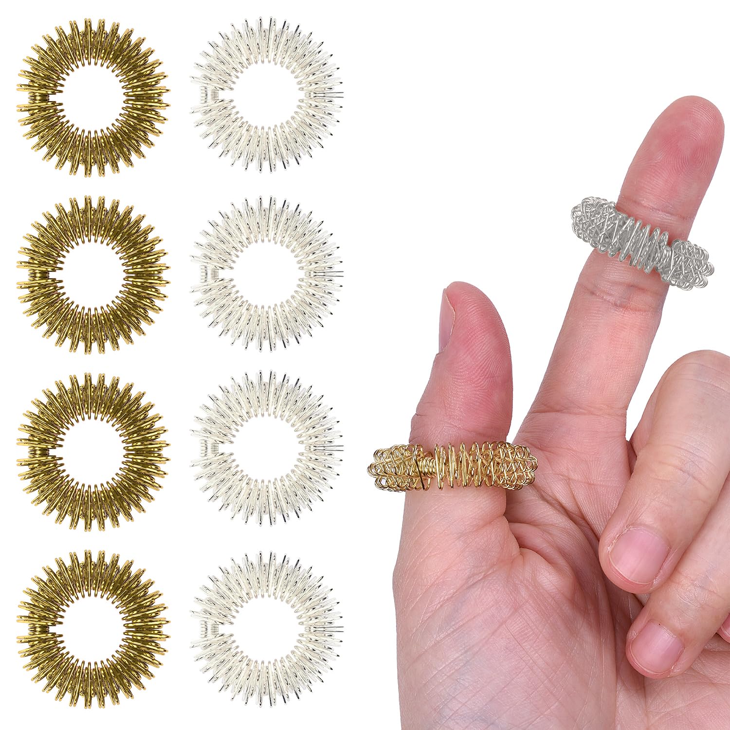 Wisdompro 16 Pcs Spiky Sensory Finger Rings, Metal Acupressure Rings, Silent Anxiety and Stress Relief Fidget Ring Set for Men, Women, Adults - Silver and Gold