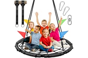 Odoland Spider Web Tree Swing for Kids and Adult, Outdoor Saucer Net Round Swing with Steel Frame and 2 Hanging Straps and Turnbuckle - 43in Large Platform for Backyard Park Travel