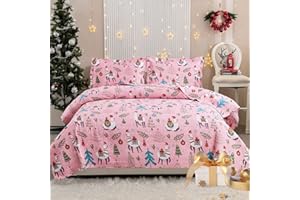 CHESITY Christmas Bedding Quilt Set Queen Size 3-Piece Kids Bedspread Xmas Bedding Set with Alpaca Pattern Lightweight Coverlet Cover for All Season (Pink, 1 Quilt + 2 Pillowcases)