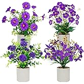 Luiywan 4 Packs Small Fake Plants Mini Artificial Potted Flowers Plastic Small Faux Potted Plants Indoor for Home Room Office Shelves Spring Decor, Purple