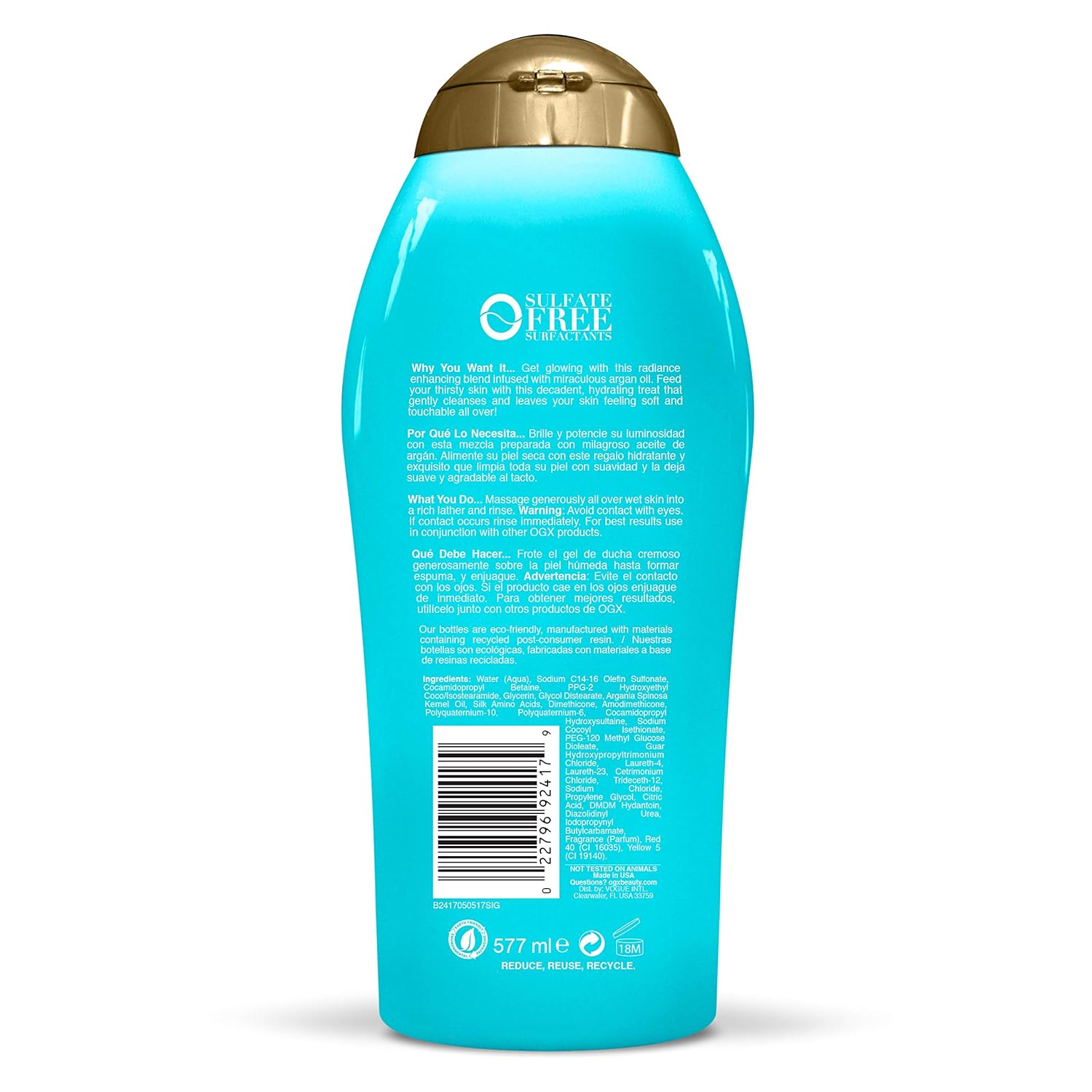 OGX Radiant Glow + Argan Oil of Morocco Extra Hydrating Body Wash for Dry Skin, Moisturizing Gel Body Cleanser for Silky Soft Skin, Paraben-Free, Sulfate-Free Surfactants, 195 oz: Beauty