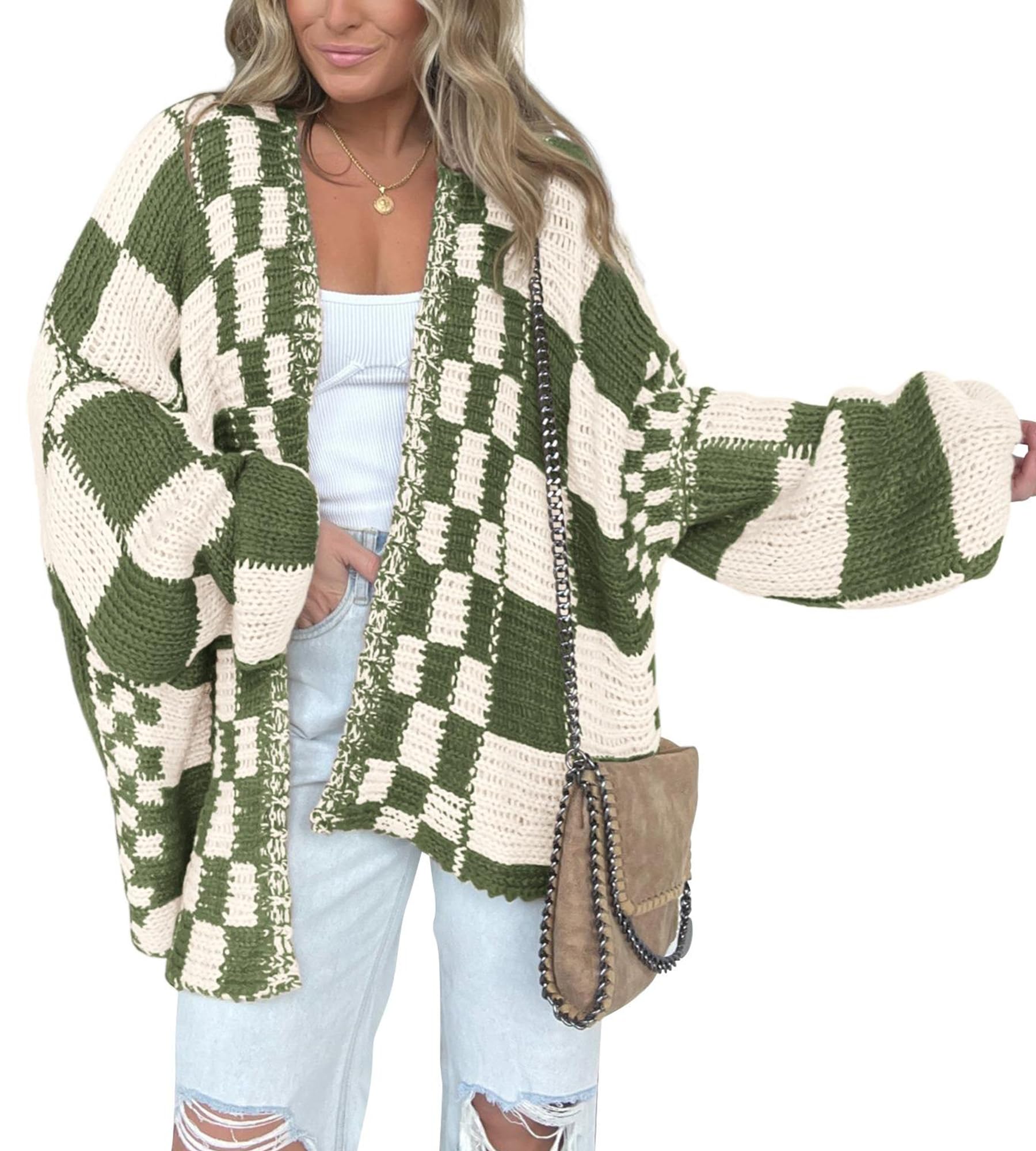 BTFBM Casual Cardigan Sweater for Women Fall 2025 Long Sleeve Open Front Chunky Knit Sweaters Checkered Outwear Coat(Army Green,Medium) Image