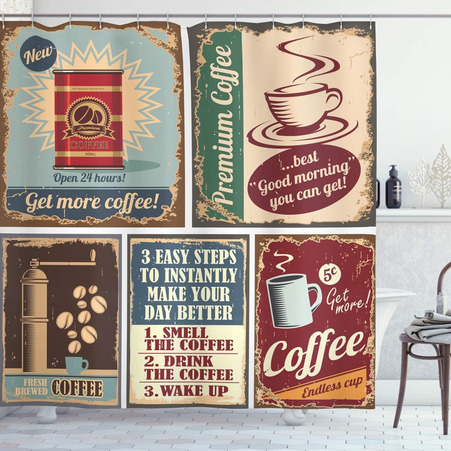 Amazon Com Ambesonne 1950s Shower Curtain Coffee Posters And Signs Design Bean Cup Espresso Mug Cappuccino Logo Print Cloth Fabric Bathroom Decor Set With Hooks 75 Long Red Blue Home Kitchen