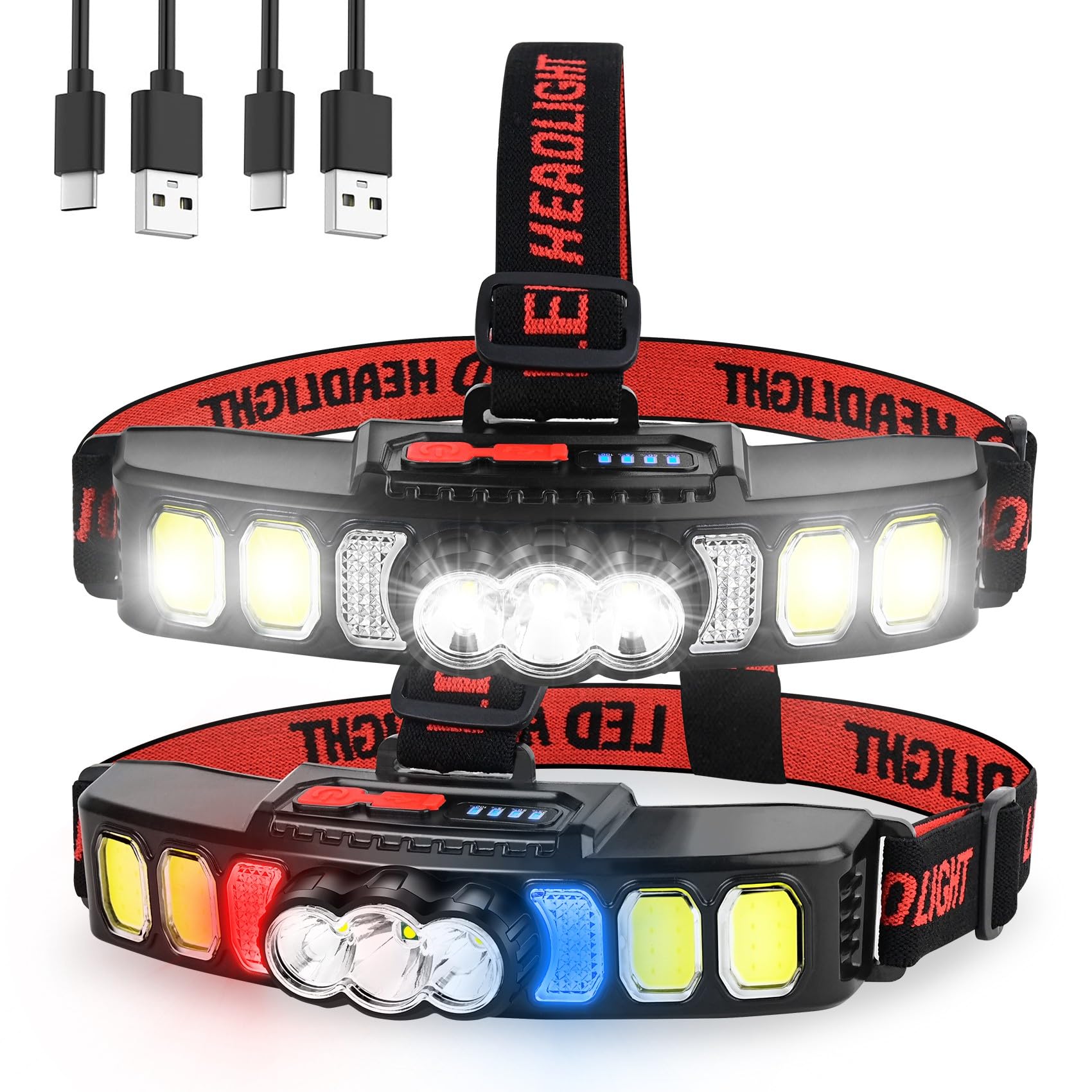 Headlamp 2 Pack LED Rechargeable Head Torch with 6 Modes, Red Light 18000 High Lumen Headlight, Bright Head Lamp IPX5 Waterproof USB Head Torches for Outdoor Fishing, Hiking, Camping, Running