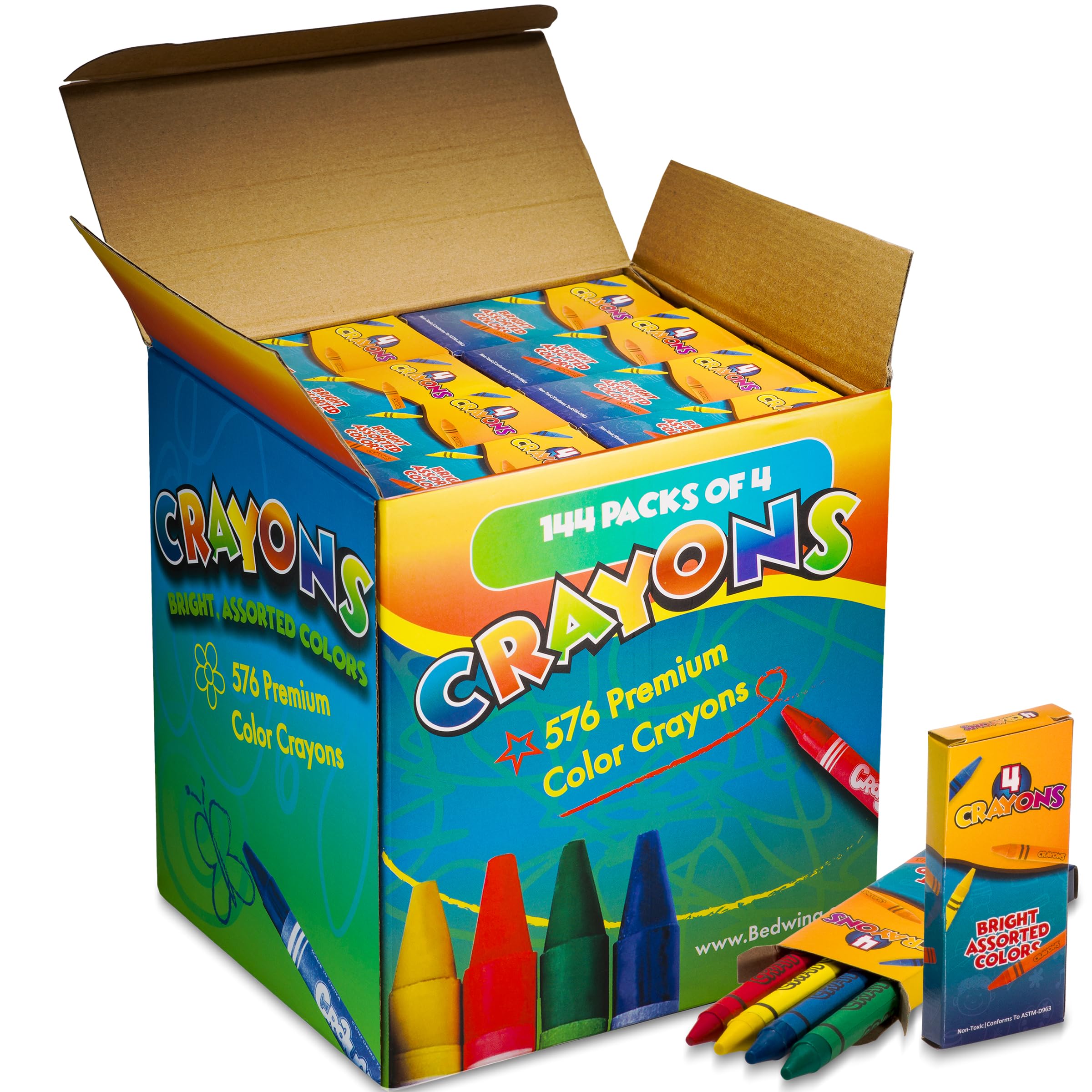 Bedwina Bulk Crayons - 576 Crayons - Case of 144 4-Packs, Premium Colors Bulk School Supplies for Kids and Toddlers Non-Toxic for Party Favors, Restaurants, Goody Bags, Stocking Stuffers