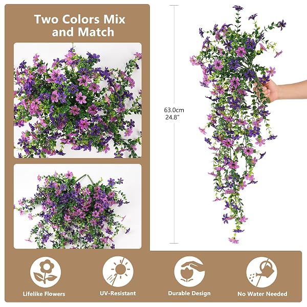 ARTIFICIAL HANGING FLOWERS FOR OUTDOORS, 2 PCS FAKE HANGING PLANT SPRING SUMMER DECOR, UV RESISTANT NO FADE REALISTIC FAUX FLOWER FOR FRONT DOOR PORCH PLANTER PATIO GARDEN YARD(DOUBLE PURPLE)