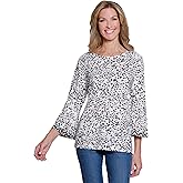 MULTIPLES Women's Three Quarters Flounce Sleeve Crew Neck Faux Button Back Top with Embroidery, Multi
