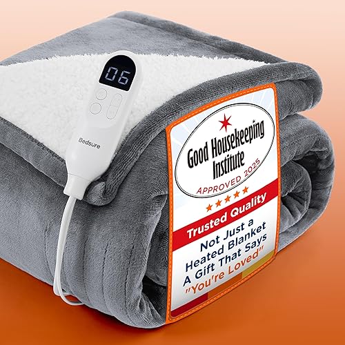 Bedsure Heated Blanket Electric Throw - Flannel Electric Blanket, Heating with 10 Time Settings, 6 Heat Settings, Overheat Protection, 130x160cm, Grey