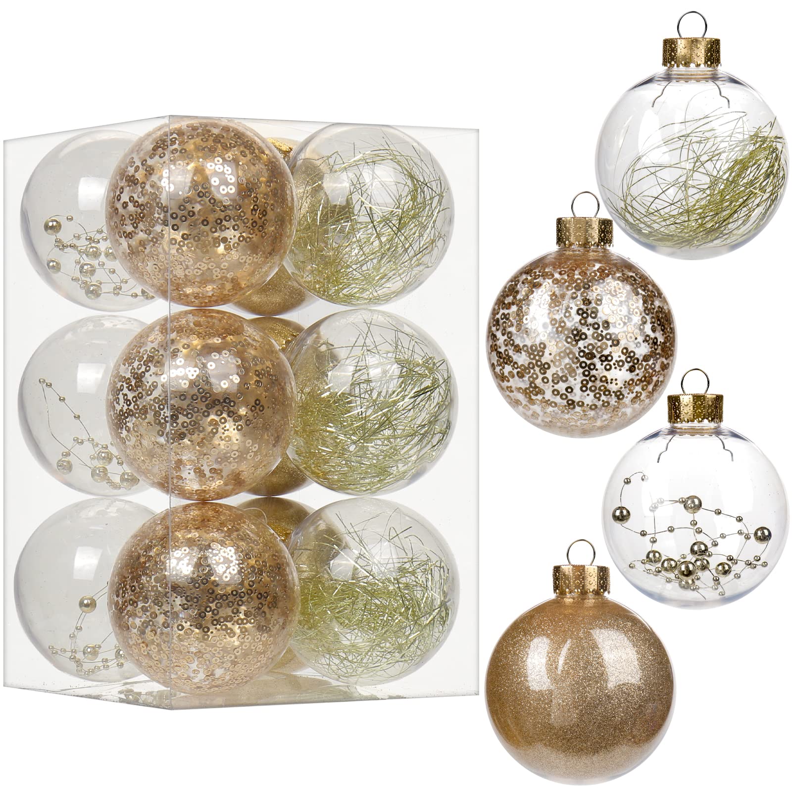 12pcs 8cm Large Christmas Baubles Big Shatterproof Clear Plastic Ball with Delicate Ornaments Champagne Gold Xmas Balls Set Christmas Tree Hanging Decorations for DIY Halloween Party Wedding Decor