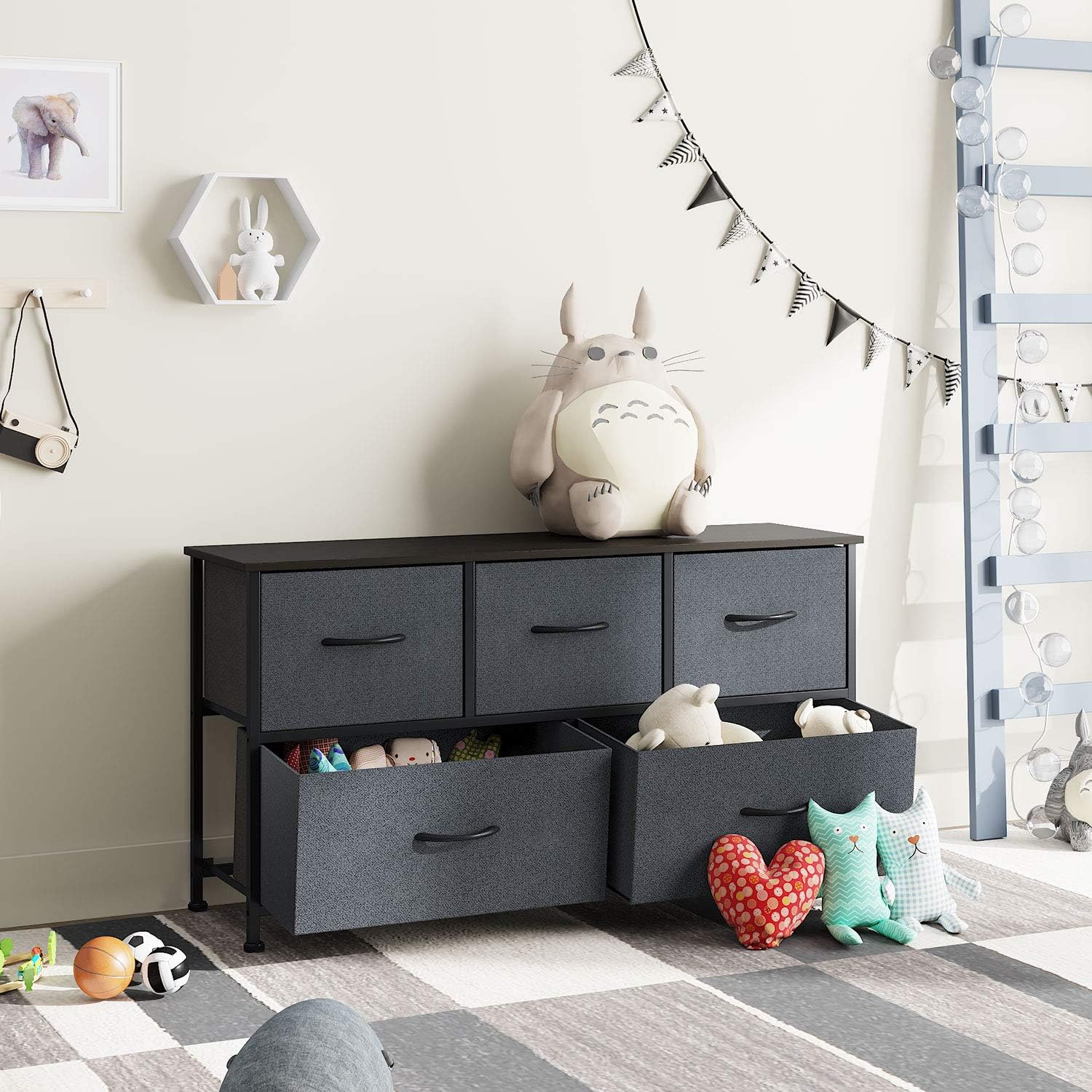 WLIVE Dresser with 5 Drawers, Dressers for Bedroom, Fabric Storage Tower, Hallway, Entryway, Closets, Sturdy Steel Frame, Wood Top, Easy Pull Handle -