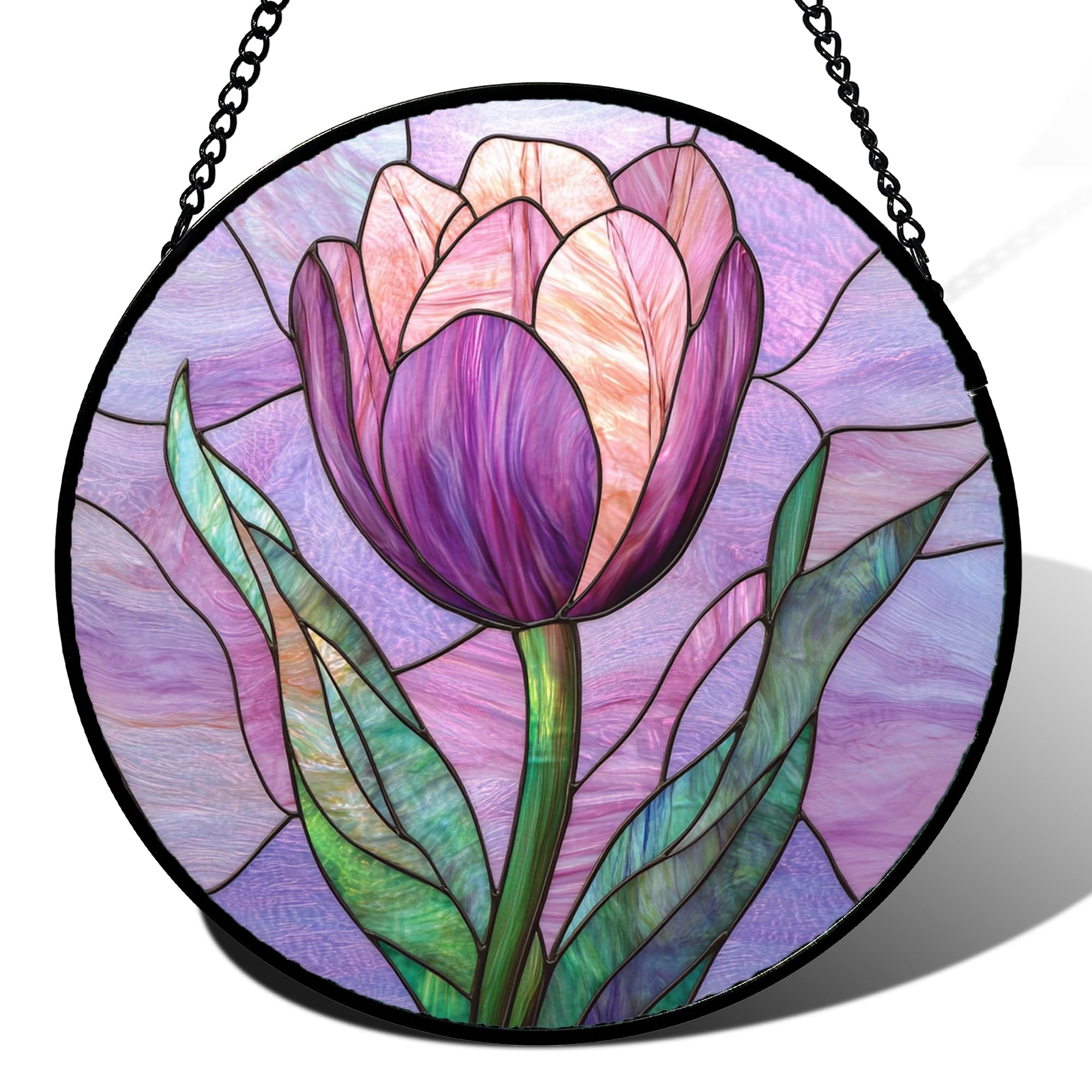 DASTOLL Stained Glass Window Hanging Purple Tulips Flower 9.8" - Suncatcher Door Garden Sun Catcher Home Decor Birthday Mother's Day for Mom Men Woman Parents Her Nana Friend Image