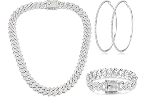 Krfy Cuban Link Chain Necklace Bracelet Rhinestone Hoop Earrings Set Bling Necklace Bracelet Crystal Big Circle Earrings for Women Girls