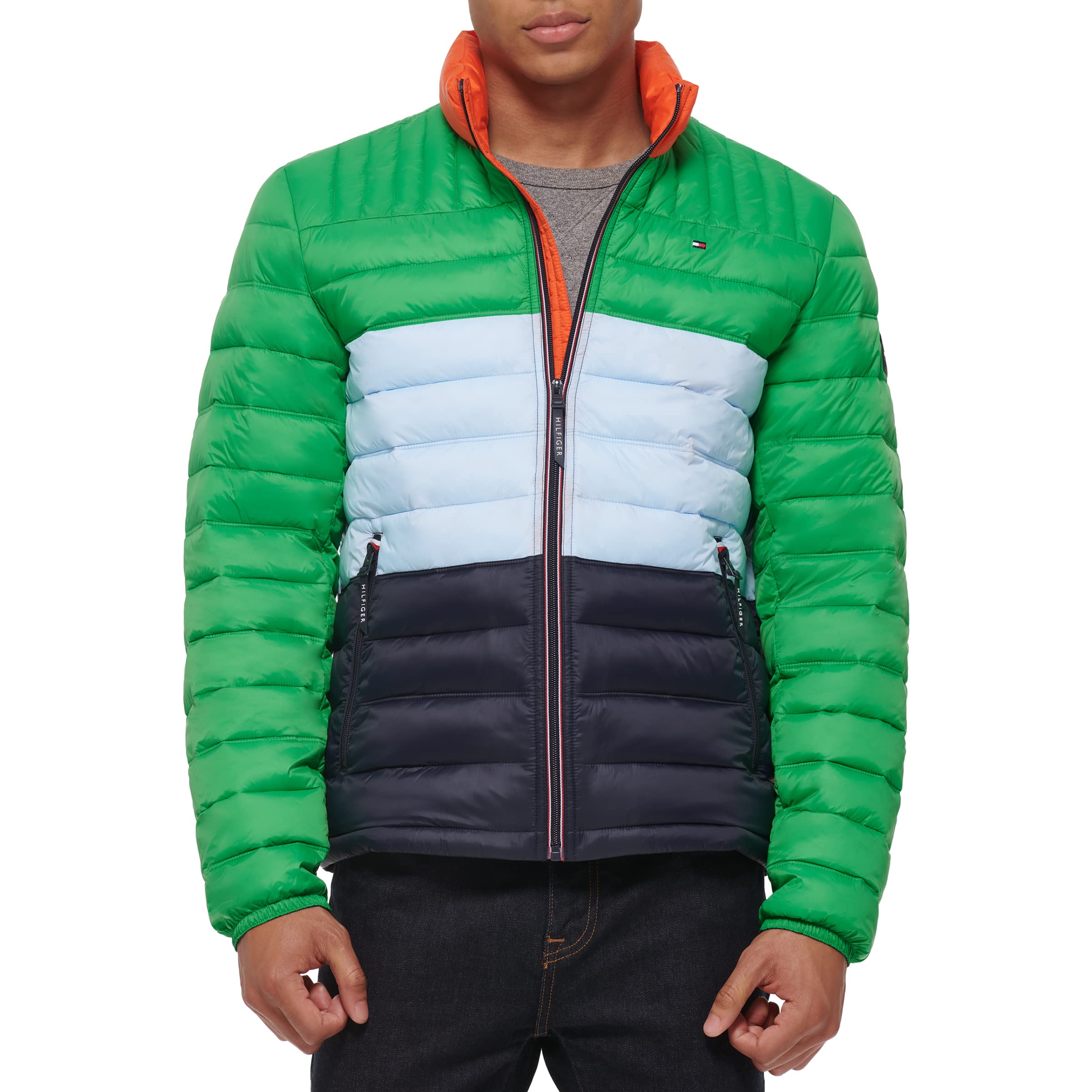 Tommy Hilfiger Men's Ultra Loft Lightweight Packable Puffer Jacket (Standard and Big & Tall), Spicy Orange/Green Combo, XX-Large Image