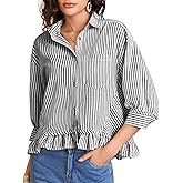 COZYPOIN Womens Striped Button Down Cotton Shirts Cropped Ruffle Hem 3/4 Sleeve Casual Collared Blouses Office Work Tops