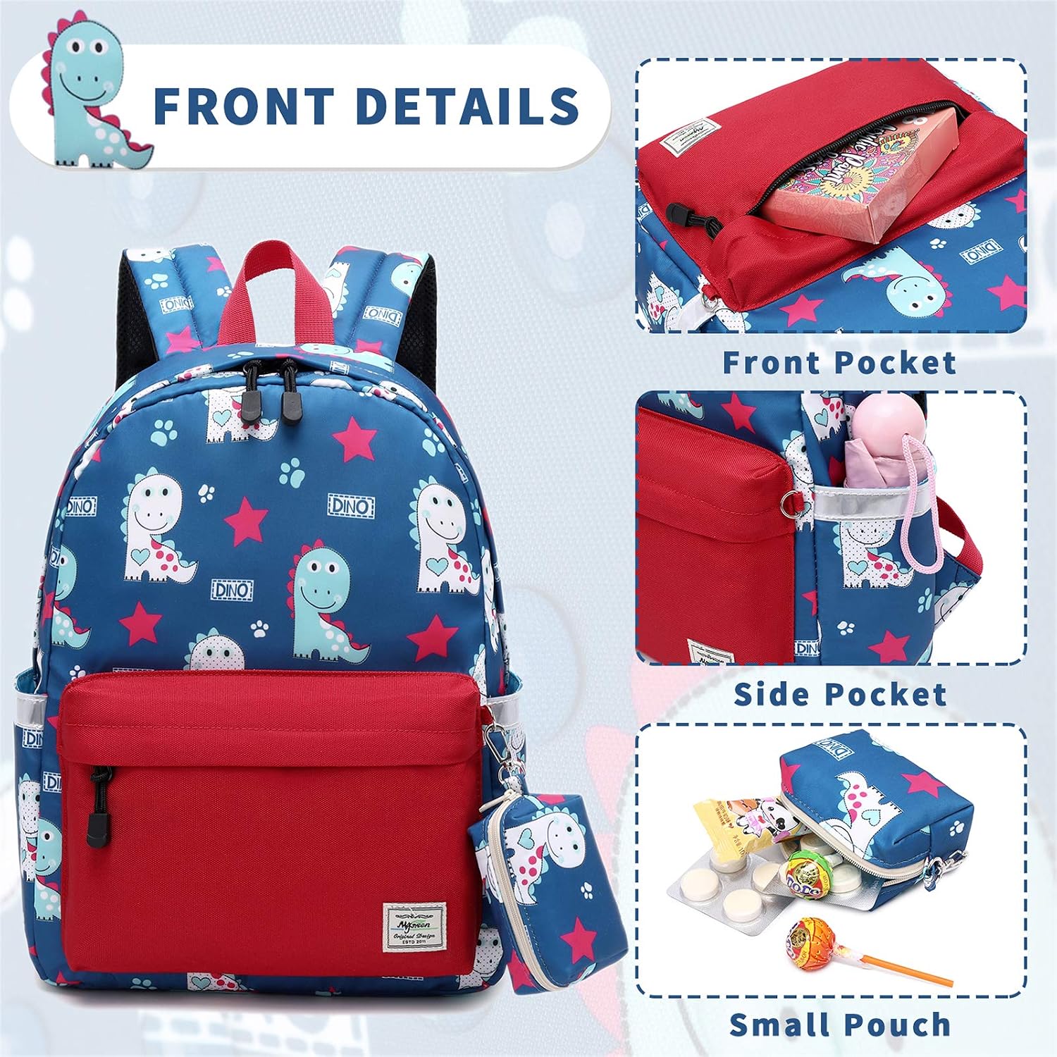 Mygreen Children's Backpacks Dinosaur School Bag Water Resistant Rucksack for Girls and Boys Fashion Printed Bookbag for Students Teenagers Casual Daypack Orange Red with Coin Purse - Image 5
