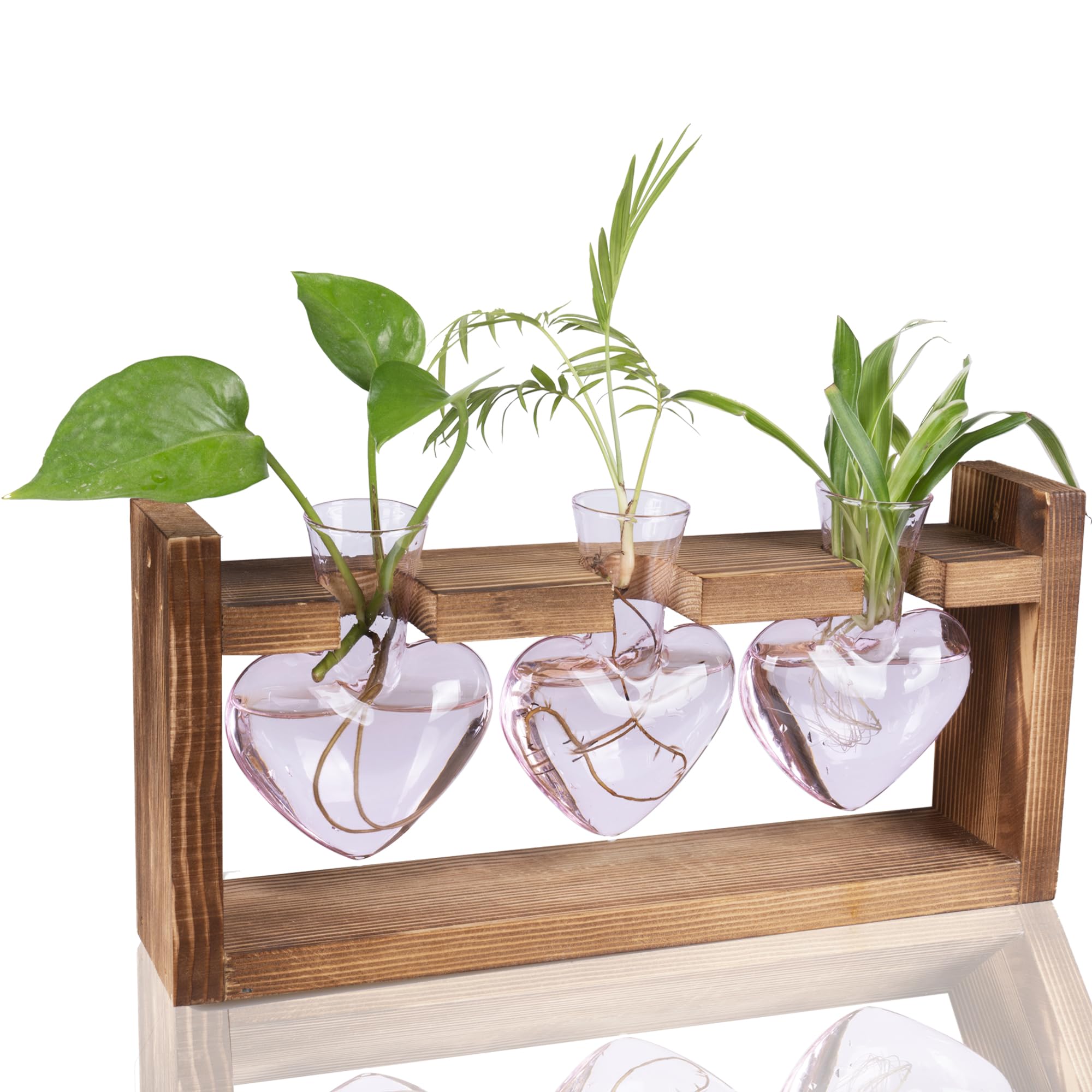 Photo 1 of Kingbuy 3-Heart Plant Terrarium Kit - Stained Glass Vase Propagation Station with Vintage Wood Stand - Wall-Mounted & Tabletop Indoor Garden Decor for Home Kitchen Wedding Gift for Plant Lover, Pink