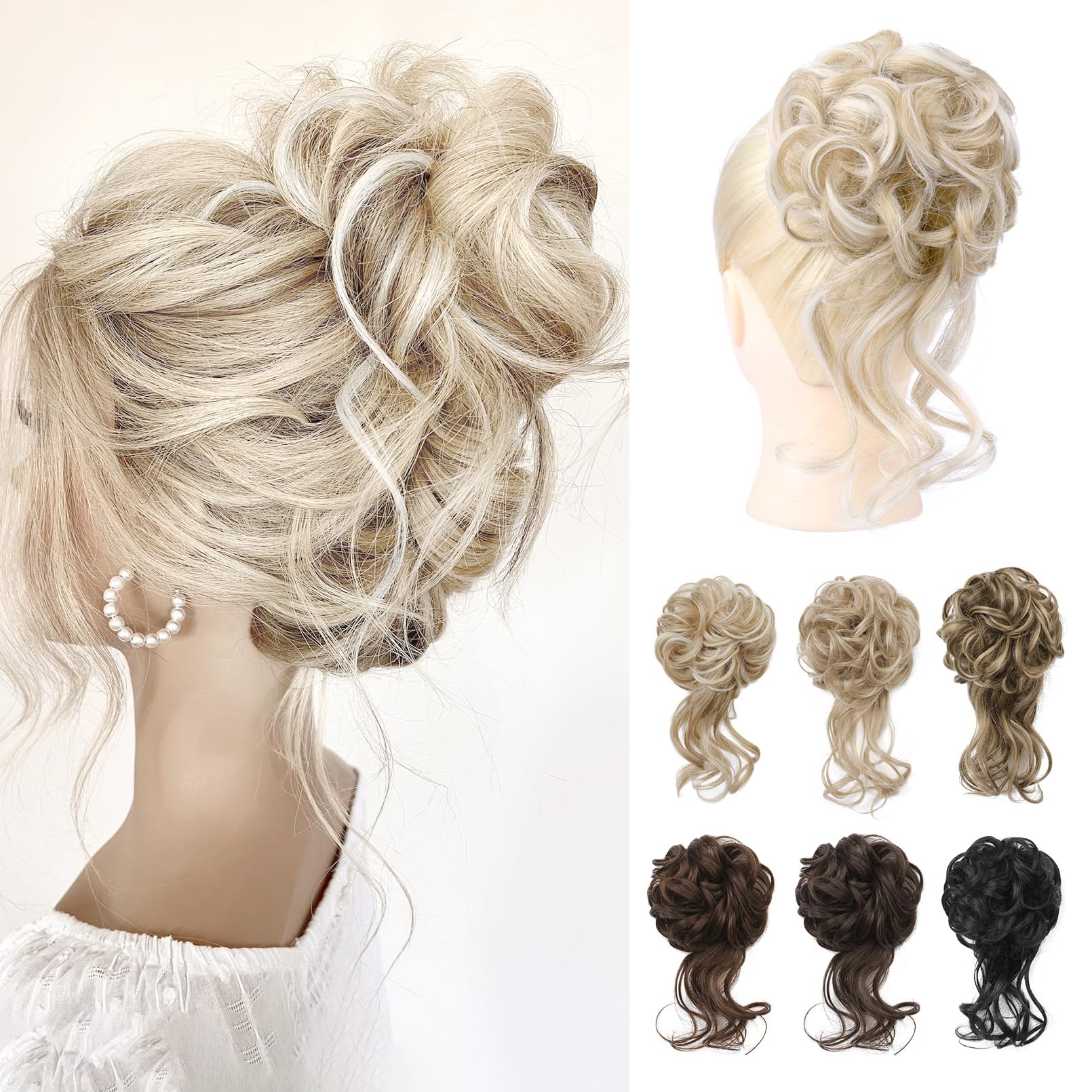 REECHO Messy Bun Hair Piece, Tousled Updo Elastic Hair Bun Hairpiece for Women Synthetic Donut Accessories Scrunchies - Light Ash Blonde with Highlights
