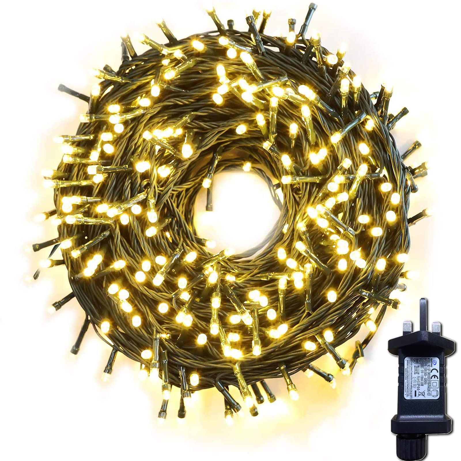 Gresonic 500 LED 10m/32.8ft Christmas Tree Fairy Lights Warm White Indoor, 8 Modes Timer Green Cable Wire String Twinkle Light, Waterproof Plug in Mains Powered for Garden Fence Decorations