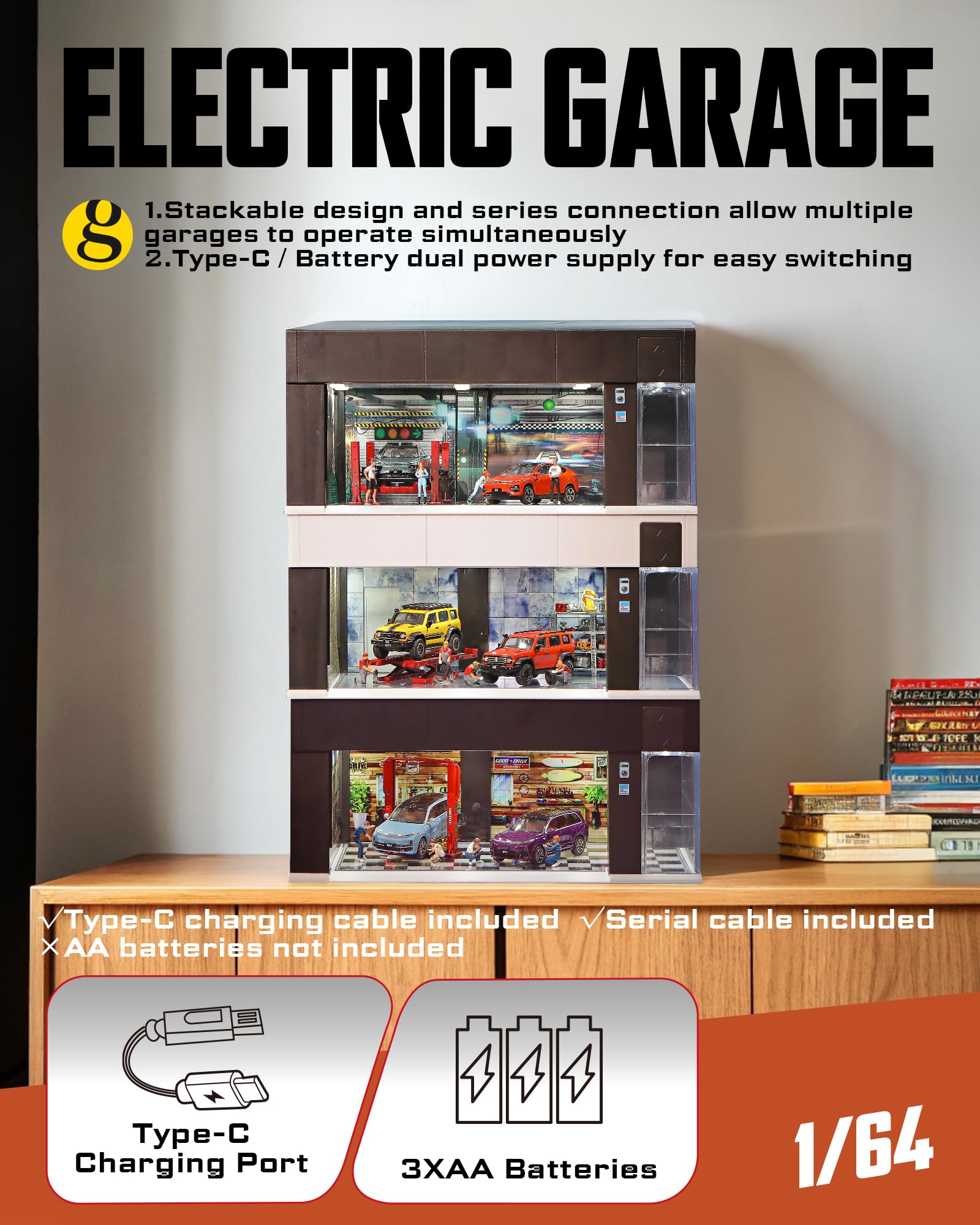 1/64 Scale Diecast Display Case for Hot Wheel Storage with LED Lights, Stackable Electric Garage with Voice Control, 3 Replaceable 3D Scenes Parking Lot Diorama for Model Cars (Black)