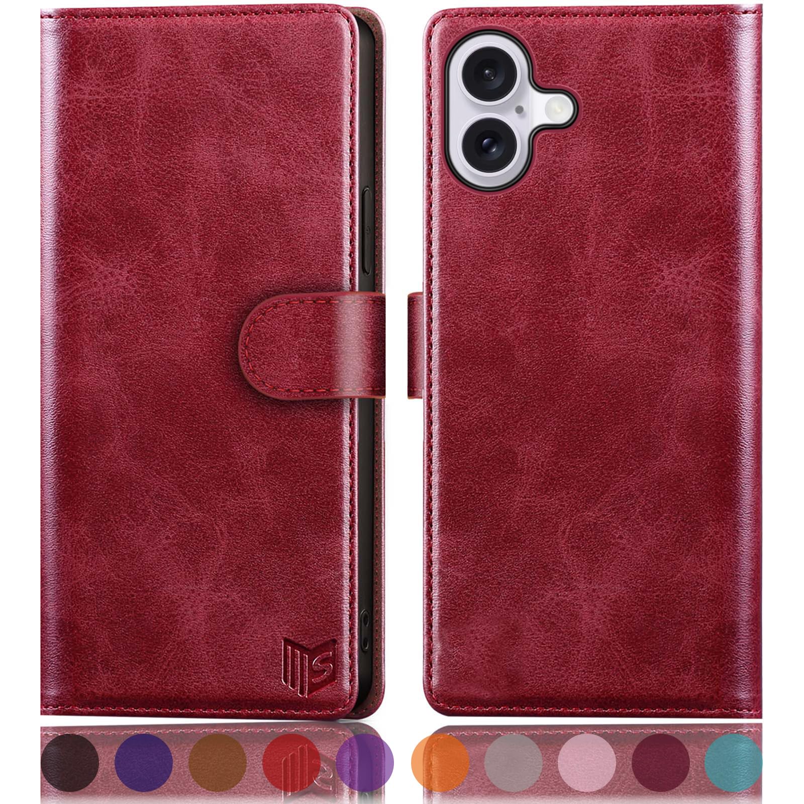 SUANPOT compatible with iPhone 16 6.1" case with [Credit Card Holder][RFID Blocking],PU Leather Flip Book Protective Cover Women Men for Apple 16 Phone case Red