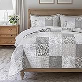 SLPR Silver Linings Cotton Quilt Set - Twin Size with 1 Sham, Neutral Pieced Patchwork Design, Country Silver Gray Quilted Comforter, Lightweight Summer Farmhouse Bedspread