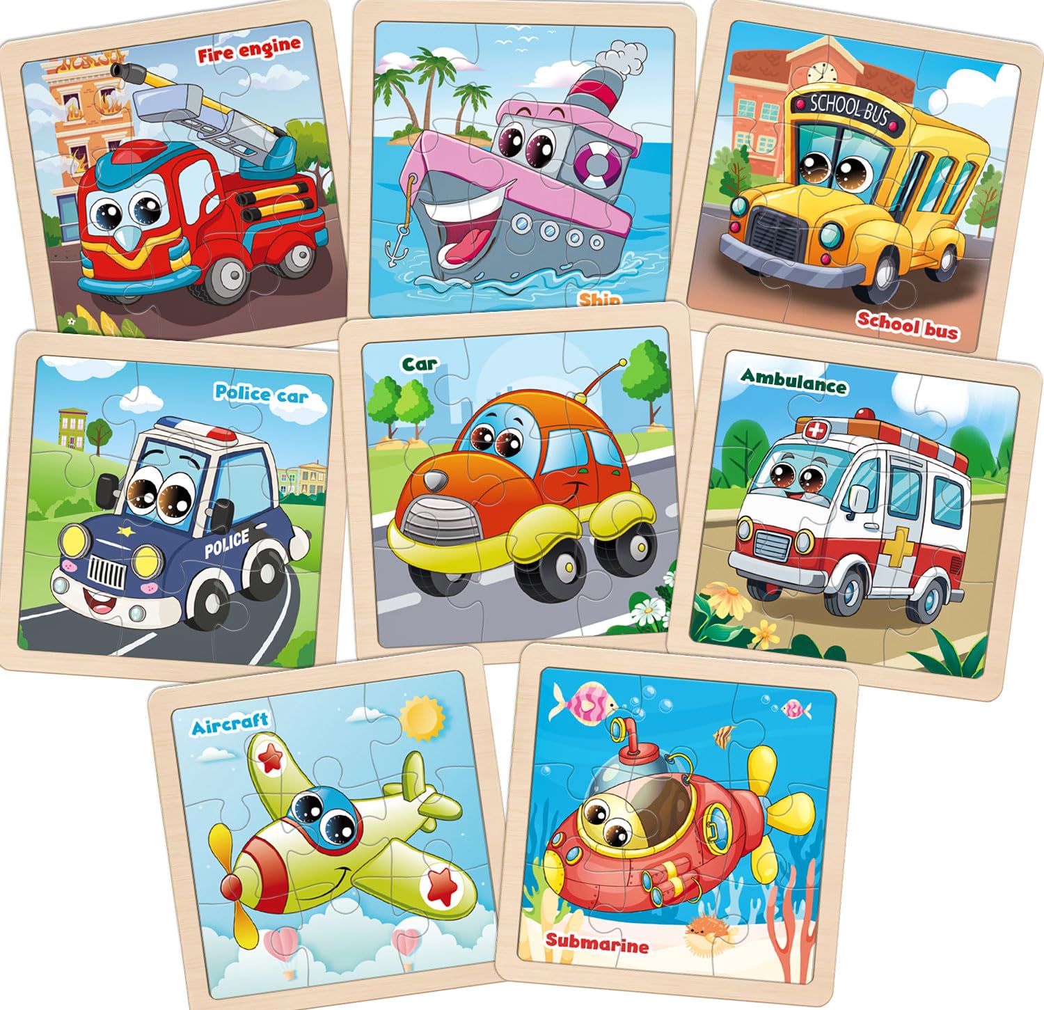 Wooden Vehicle Puzzles for Toddlers 2-4, 8 Pack 9 PCS Jigsaw Puzzles for Kids 2-4, Wooden Puzzles for Toddlers 3-5, Vehicle Puzzles for Kids 3-5, Preschool Puzzles Learning Educational Sets Toys