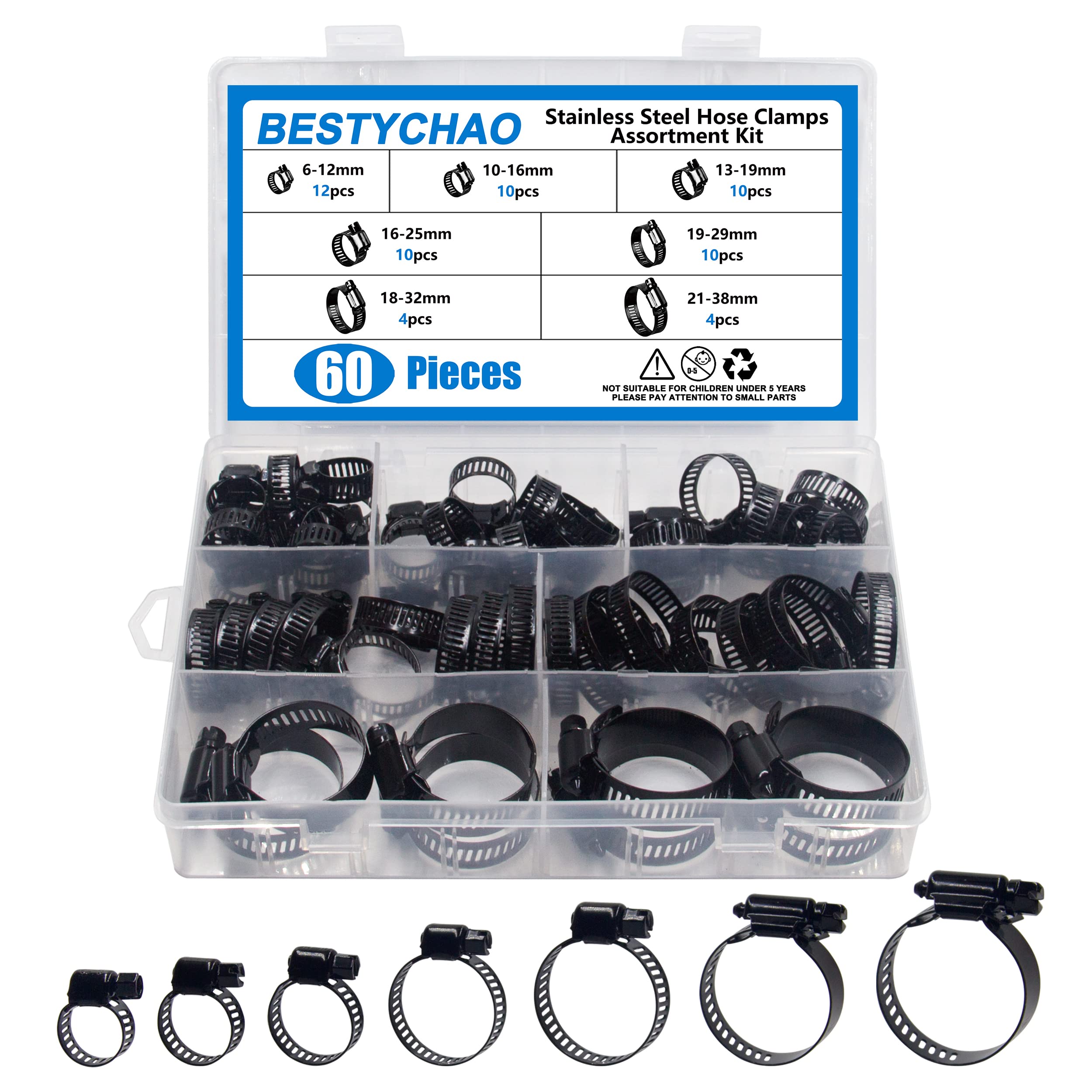BESTYCHAO 60pcs Hose Clips Stainless Steel Hose Clamps Assorted 7 Adjustable Range 6-38mm Pipe Hose Clamps for Plumbing, Automotive and Mechanical (Black)