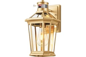 VIANIS Gold Outdoor Wall Lights with Motion Sensor, Dusk to Dawn Outside Porch Lights Lantern, Waterproof Weather Resistant Exterior Lights for House, Doorway, Garden, Home with Clear Glass Shade