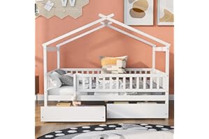 HARPER & BRIGHT DESIGNS Full House Bed with 2 Storage Drawers, Kids Full Bed Frame with Rails and Roof, Tent Bed, Wooden Full Daybed, Full Montessori Bed for Kids Teens Girls & Boys, No Box Spring Needed (White)