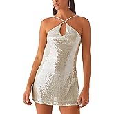 Y2k Sequin Beaded Halter Dress for Women Sexy Sparkle Backless Mini Dress Floral Embellished Rhinestone Club Dresses