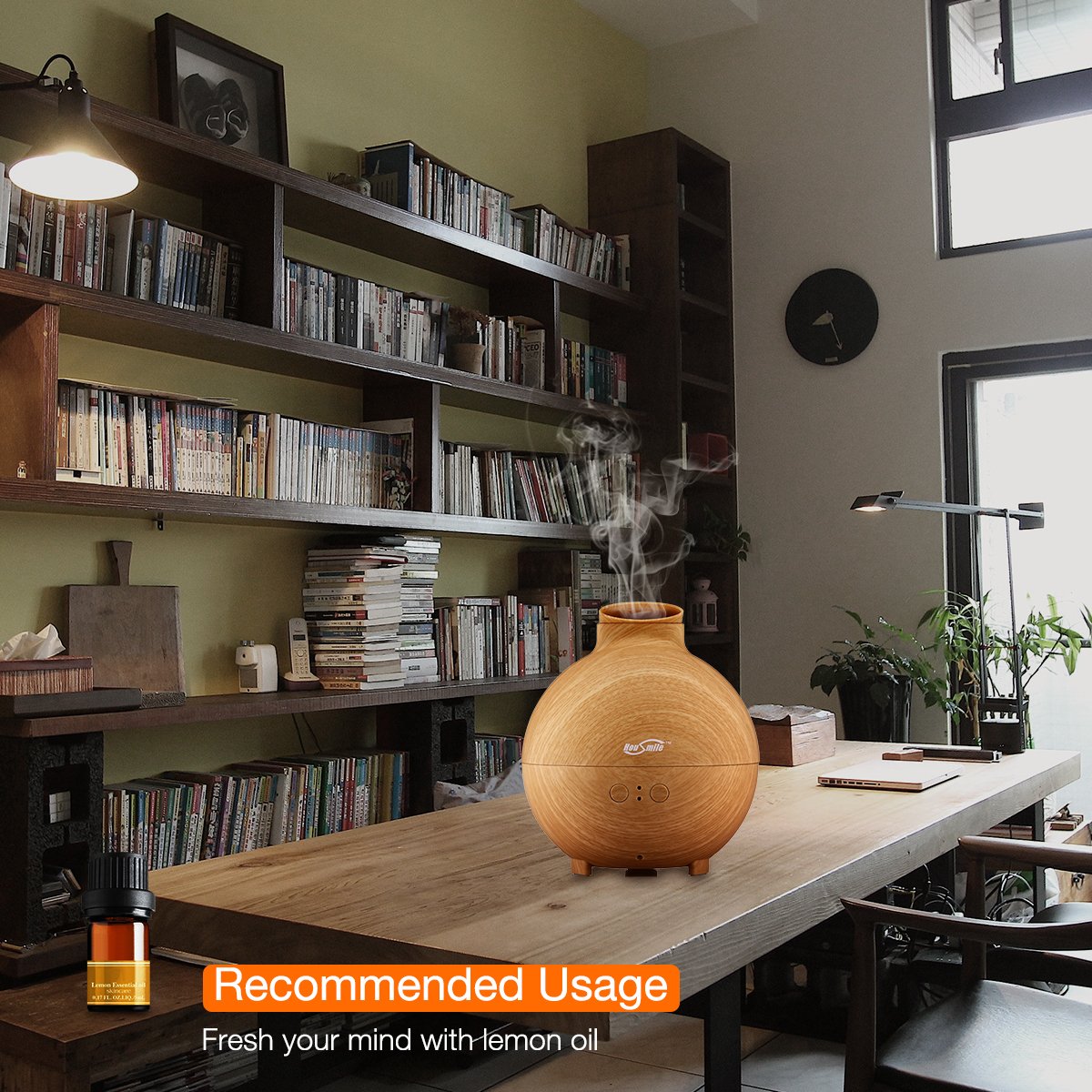 Housmile Large Essential Oil Diffuser for Aromatherapy 600ML Aroma Cool Mist Humidifier Globe - Ultra Quiet Ultrasonic Nebulizer - Last Overnight - Wood Grain