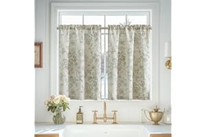 Vangao Linen Kitchen Curtains Floral Tier Drapes 24 Inch Farmhouse Botanic Cafe Curtains Small Window Drapes Rustic Half Window Treatments for Living Room Bathroom Laundry 2 Panels Green on Beige