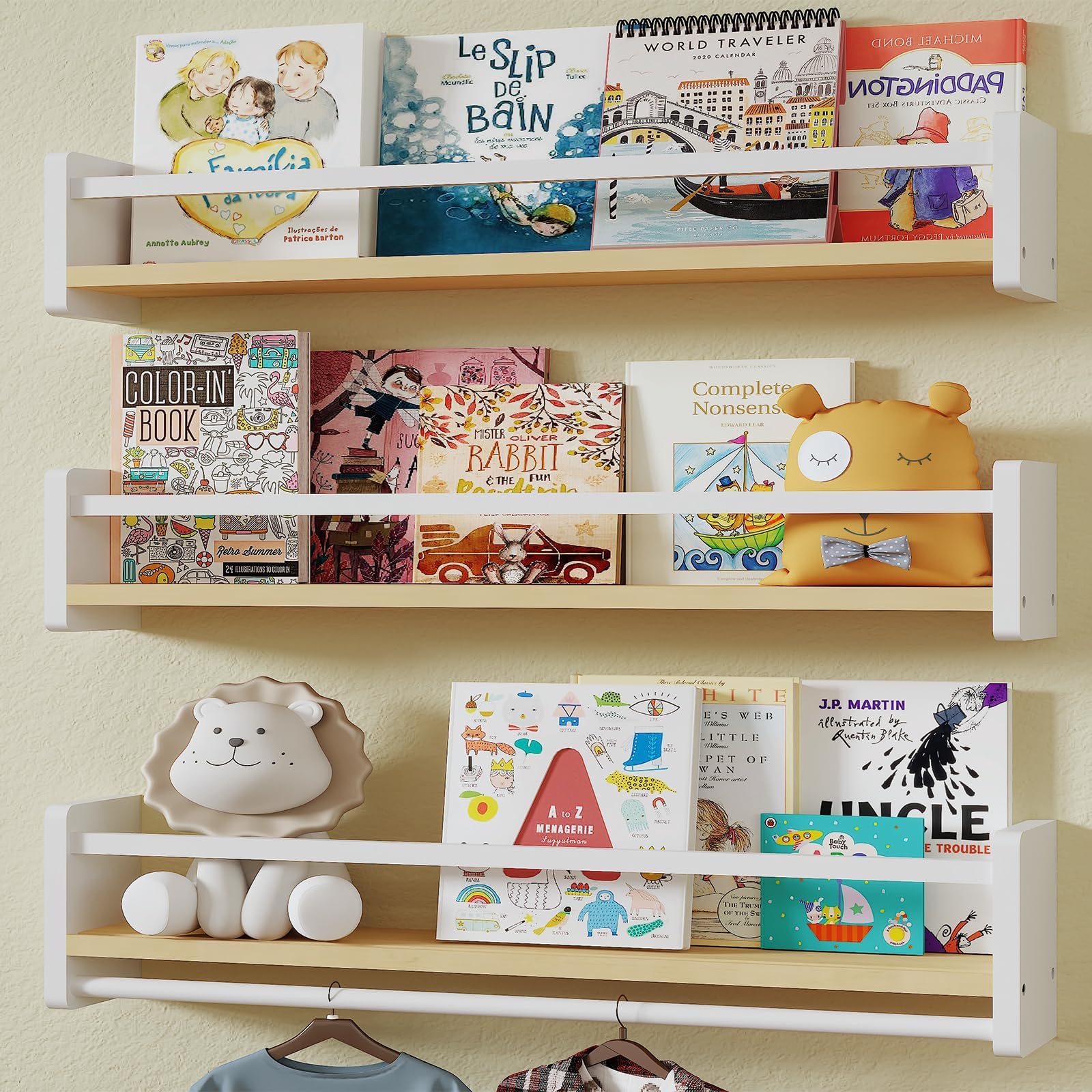 Photo 1 of *** PARTIAL SET 1/3***MXCSE Nursery Floating Bookshelf for Kids, Wall Mounted Kids Book Shelf with Toy Storage, Pine Wood Nursery Shelves for Playroom, Bedroom, Toddler Room, Set of 3 (Pine & White, 23.6 Inches)