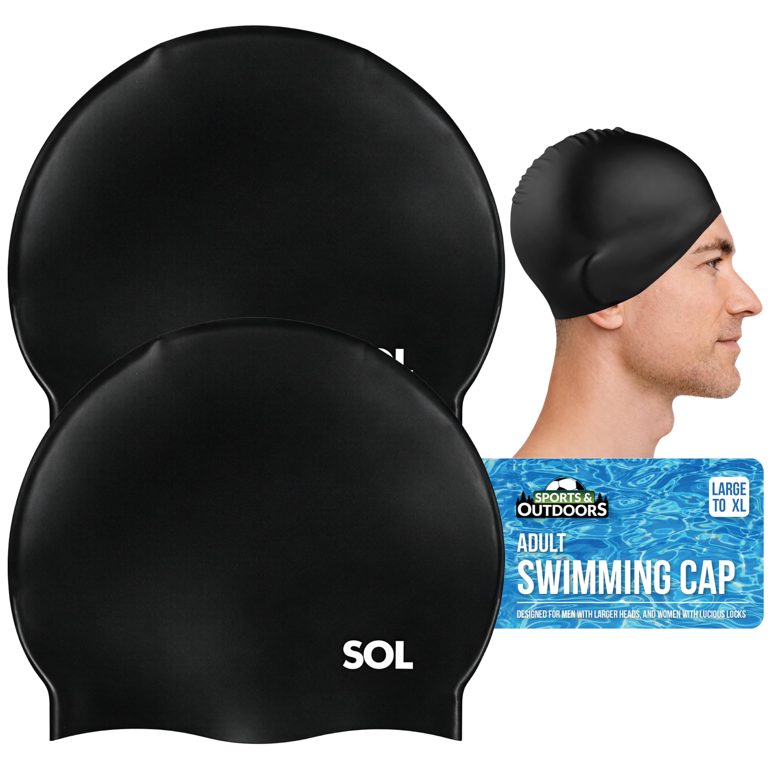 SOL 2pk Adults Swimming Cap, Men Large to XL Black Silicone Waterproof Swim Hat, Designed for Larger Heads and Long Hair, Comfortable Fit, Keeps Hair Dry for All Water Activities