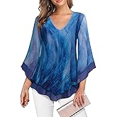 Lotusmile Womens Dressy Blouse Double Layers Mesh Shirt Ruffle 3/4 Flared Sleeve Tunic Tops