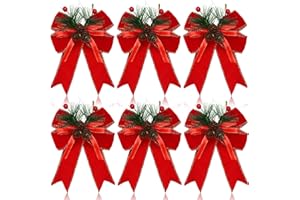 Syhood 6 Pcs Christmas Bows with Pine Cones Pine Needles Xmas Velvet Bows Red Ribbon Christmas Tree Wreath Decoration for Xmas Parties Indoor Outdoor Crafts DIY Decor
