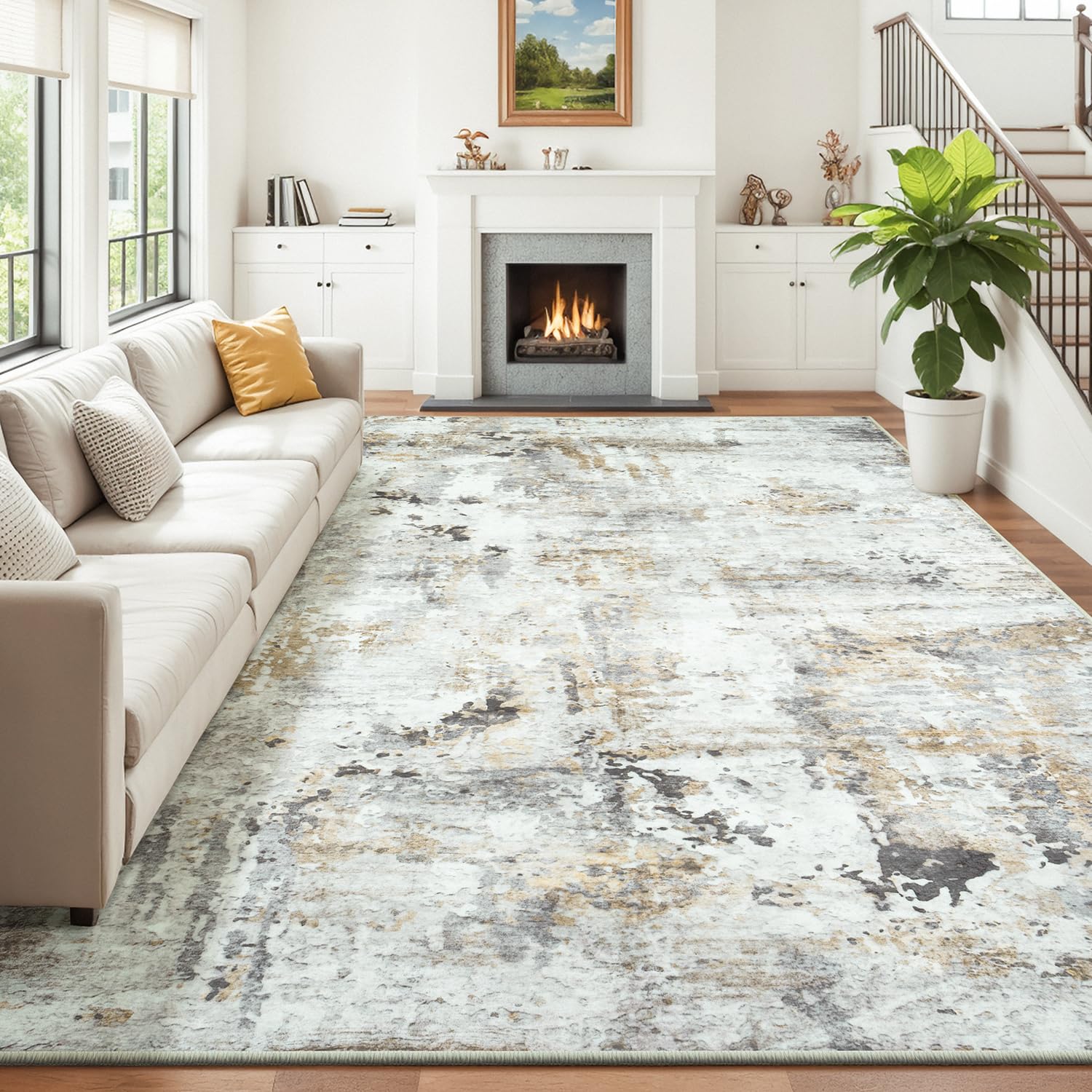Carpelux Area Rugs 9x12 Living Room,Large Soft Washable Abstract Neutral Bedroom Rug, Non-Slip Floor Carpet for Dining Room Nursery Home Decor,Brown/Grey