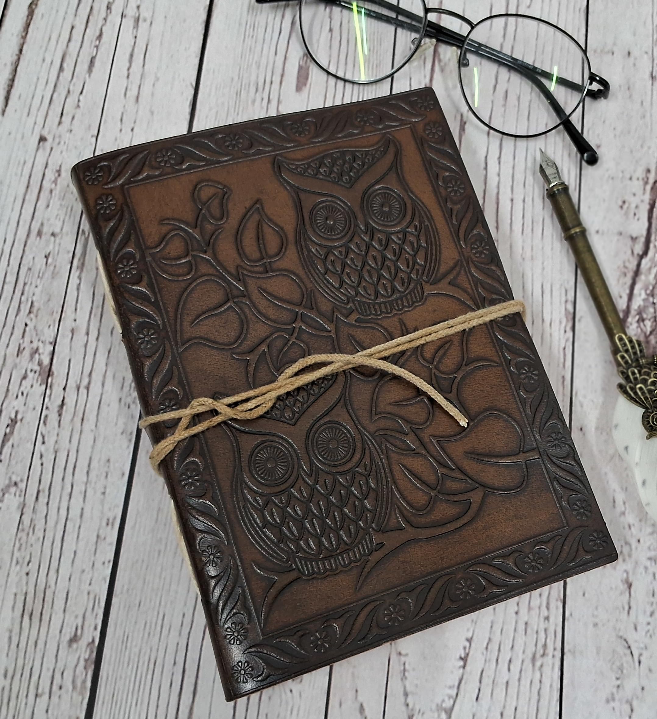 Purpledip Leather Diary/Journal/Notebook 'Guardian Owls' With Naturally Treated Paper; Corporate Gift Or Personal Memoir (10763)