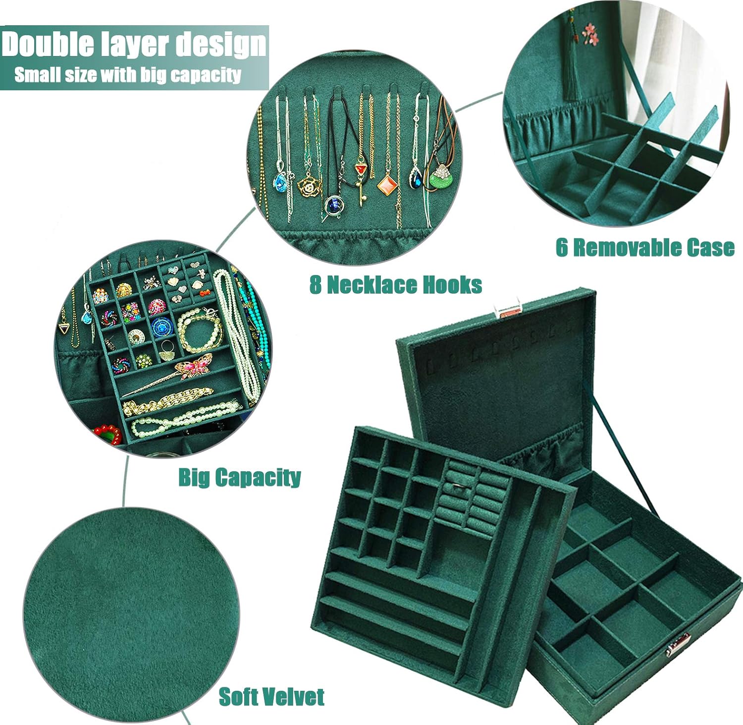 Jewelry Box for Women Girls, QBeel 2 Layer 36 Compartments Necklace Jewelry Organizer Box with Lock Jewelry Holder Display Storage Case for Earrings Bracelets Rings - Green: Home Improvement