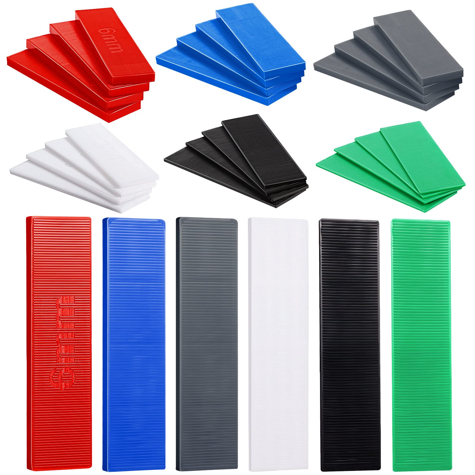 Photo 1 of Konohan 300 Pcs Plastic Flat Shims Structural Tile Plastic Shims for Leveling, 3/64, 5/64, 1/8, 5/32, 3/16, 1/4, Green, Black, White, Grey, Blue, Red