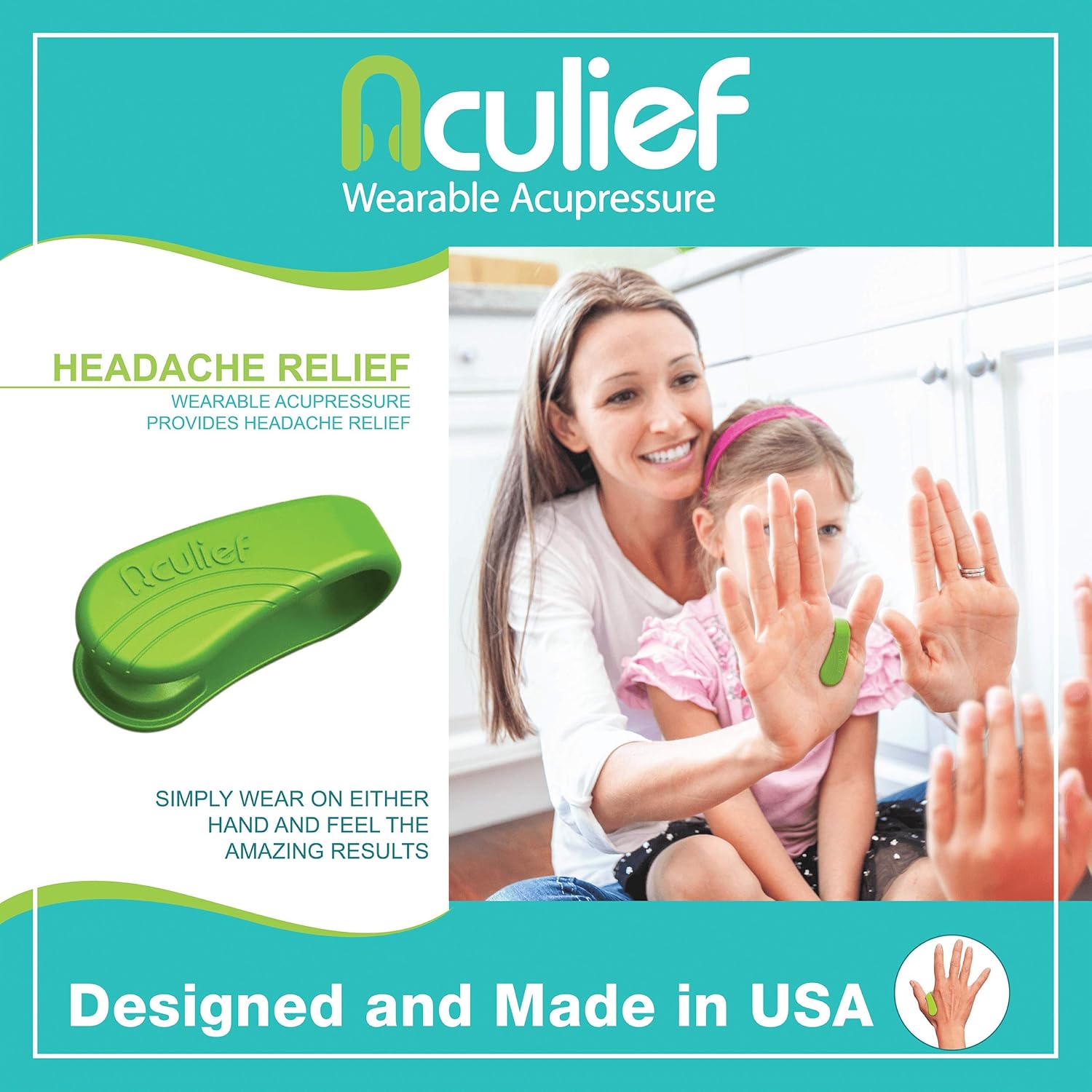Aculief - Award Winning Natural Headache, Migraine, Tension Relief Wearable – Supporting Acupressure Relaxation, Stress Alleviation, Soothing Muscle Pain - Simple, Easy, Effective 2 Pack - (Green): Health & Personal Care