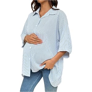 MakeMeChic Women's Maternity Blouses Striped Half Sleeve Oversized Pregnancy Casual Button Down Shirt
