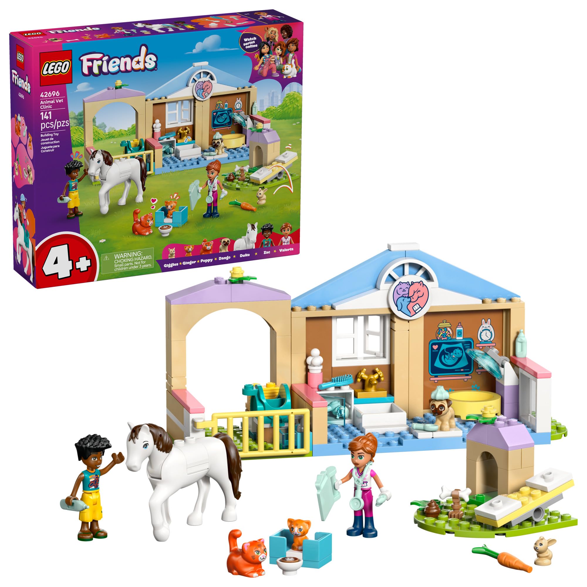 LEGO Friends Animal Vet Clinic Building Toy - Playset for Preschool Girls & Boys, Ages 4+ - Gift for Birthdays - W/Valeria & Zac Minidolls, 5 Toy Pets, & Accessories - 42696