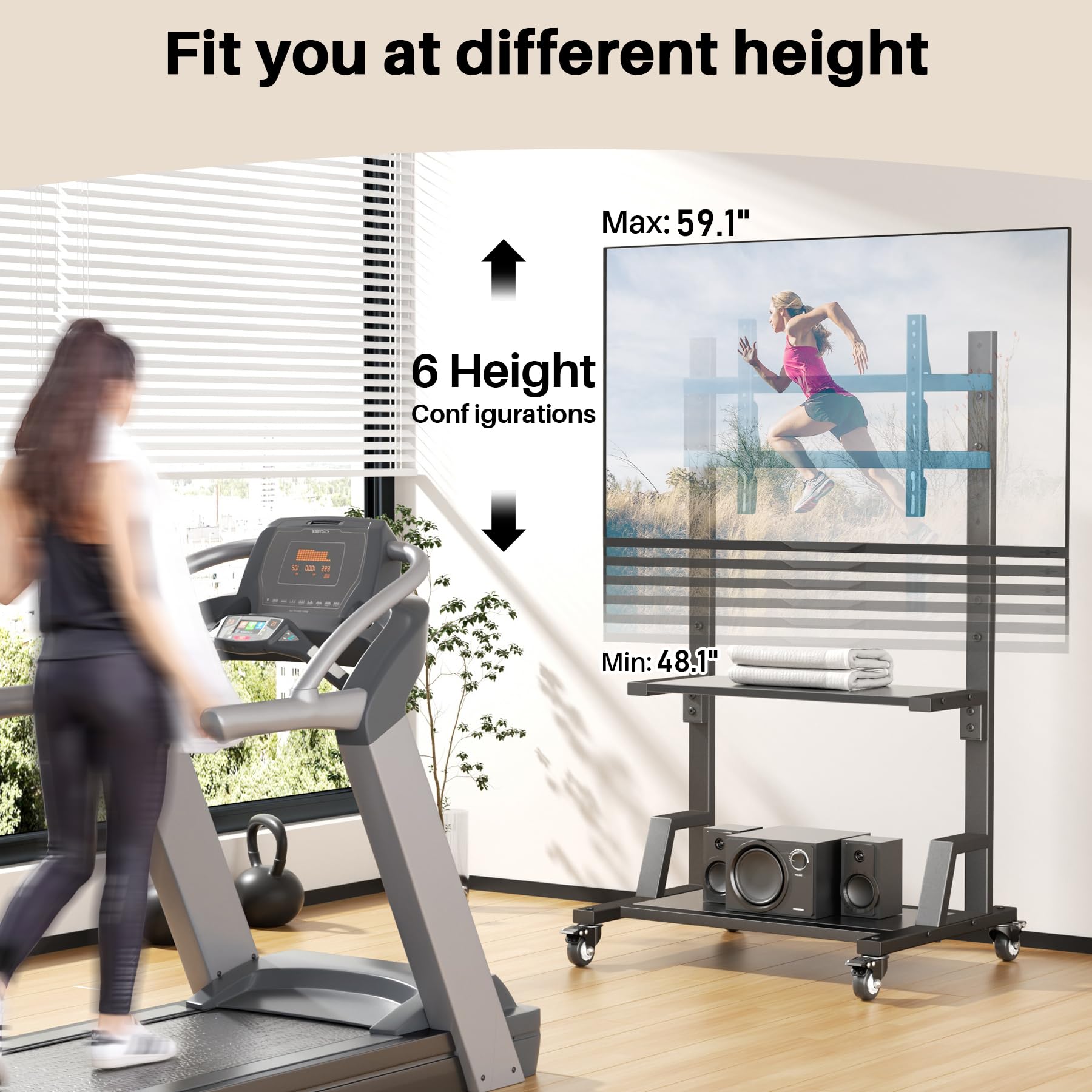 AENTGIU Rolling TV Stand for 32-75 Inch TVs, Mobile TV Stand on Wheels, Adjustable Height TV Cart with Wood Shelves, Floor Mount for Living Room, Bedroom, Office, Hold up to 150 lbs